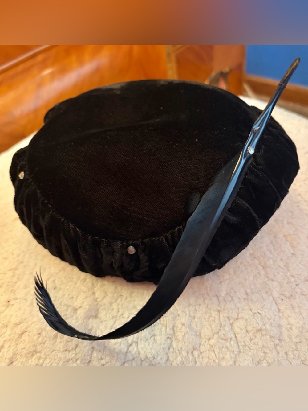 Vintage 1950s Black Velvet Cocktail Fascinator Juliet Hat Feather & Rhinestones